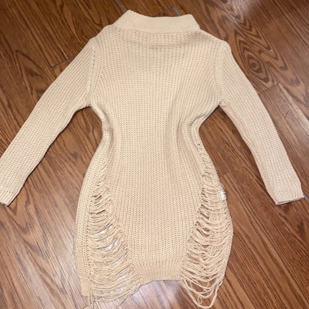 Beige Open-Knit Fringe Turtleneck Sweater Dress - Picture 3 of 3
